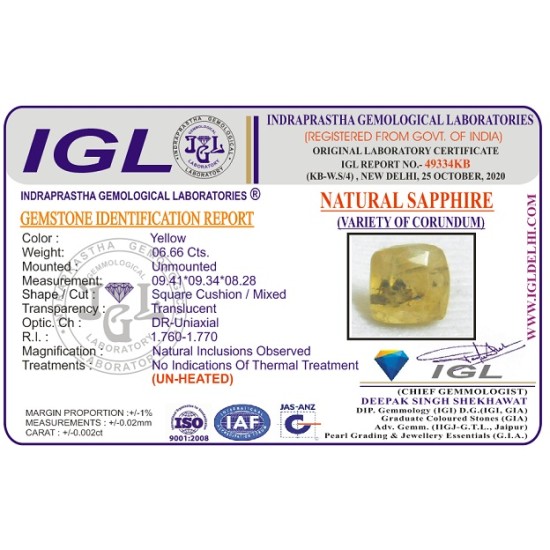 Yellow Sapphire 6.66Ct Certified