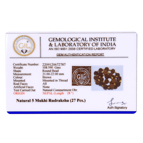 5 Mukhi Rudraksha Mala 27 beads (Certified) 108.59gms