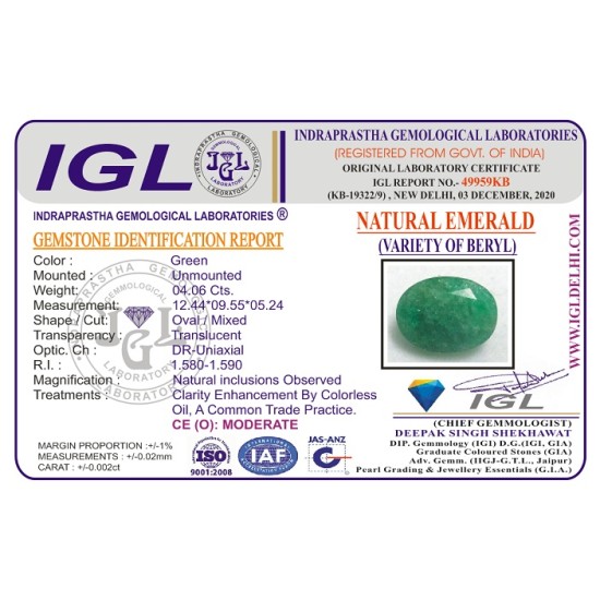 Emerald Weight: 4.06CT (With Lab Certificate)