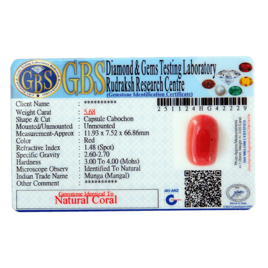 Red Coral 6.133CT (With Lab Certificate) Vedic Gemstones, Red Coral / Moonga image