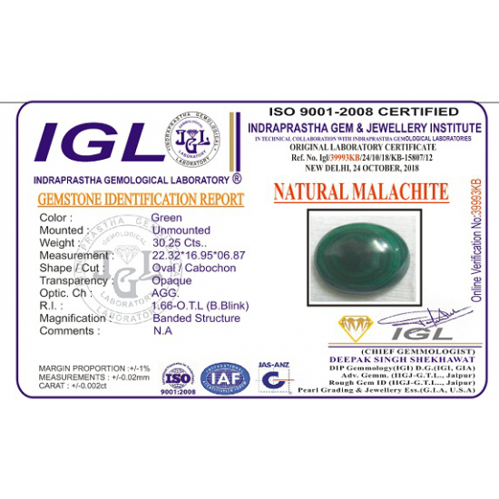 Malachite 30.25Ct (With Lab Certificate)